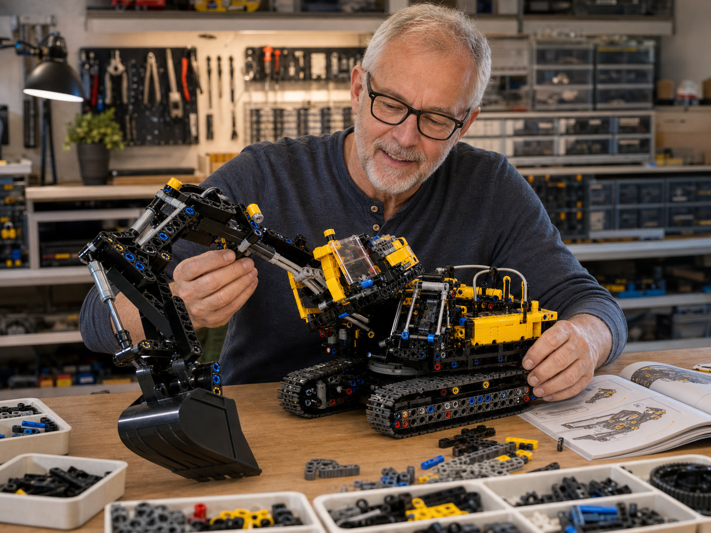 Member building a Technic-style excavator at a workshop bench