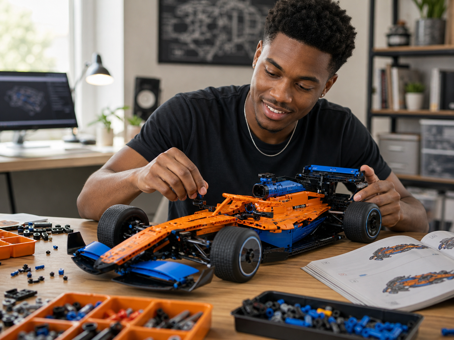 Member building a Technic-style Formula racing car in a home office