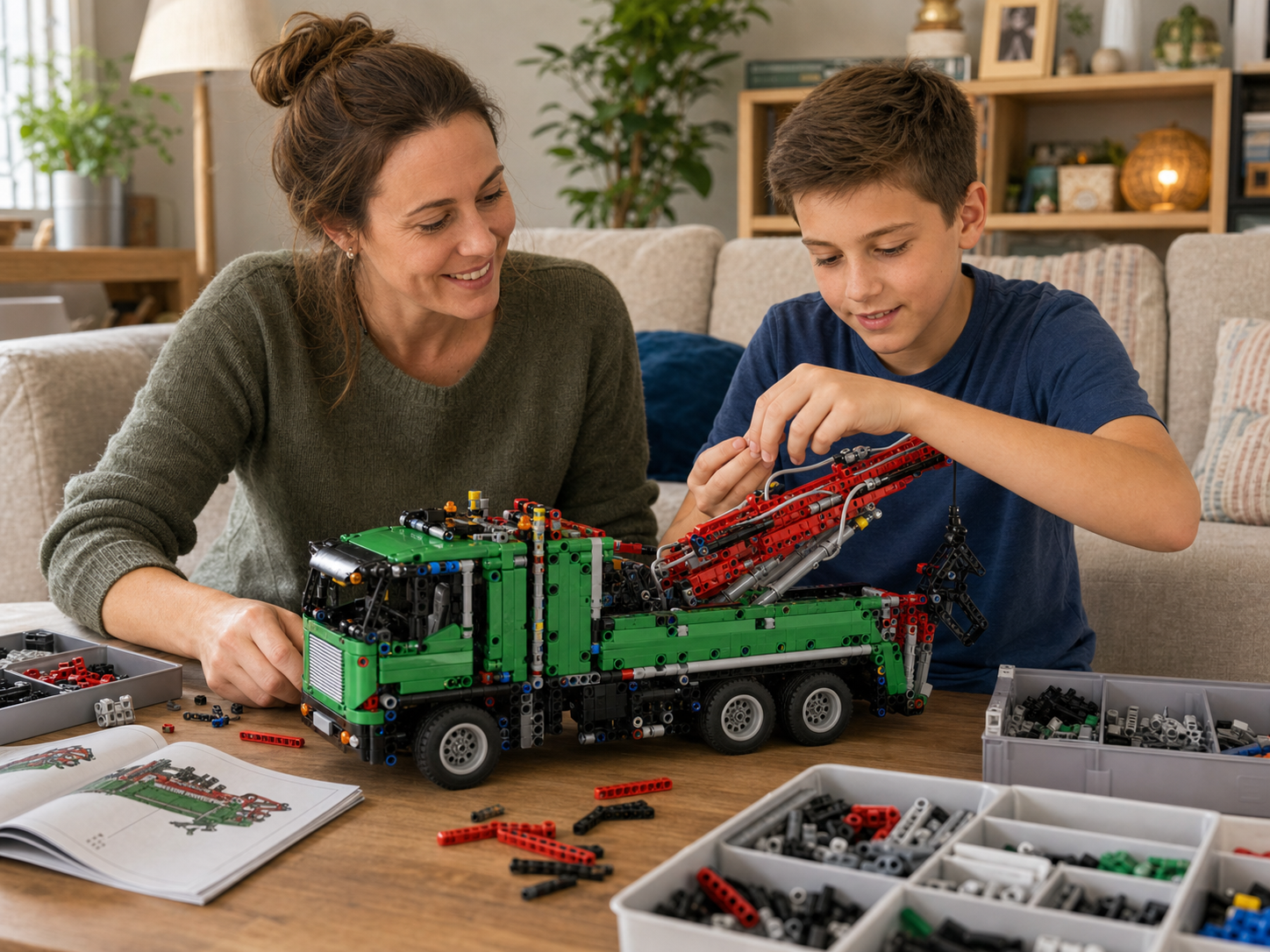 Parent and child building a Technic-style recovery truck in a living room