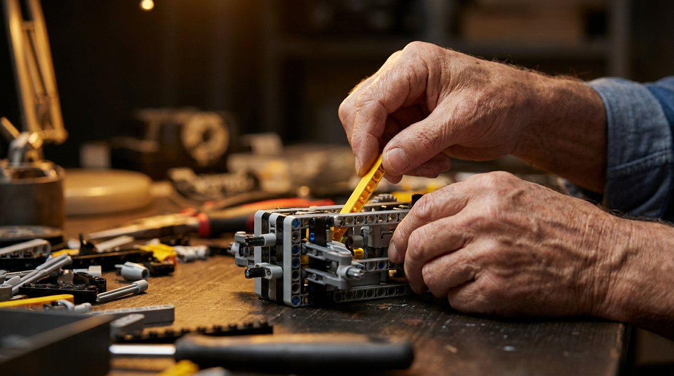 Hands carefully placing a LEGO Technic brick onto a model in a workshop