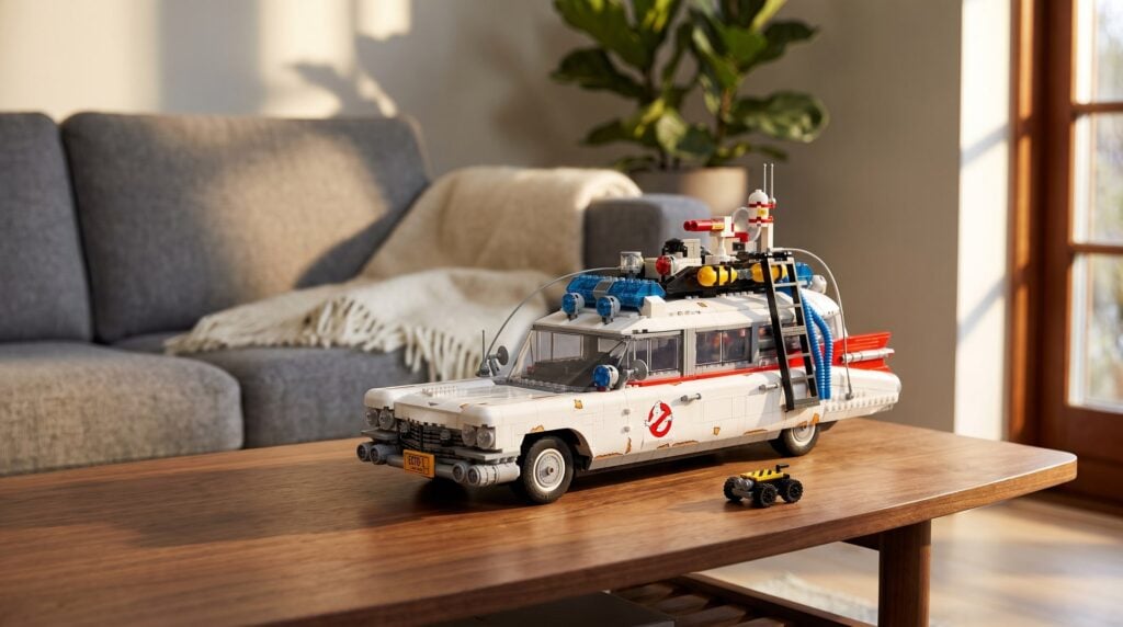 LEGO Creator Expert Ghostbusters ECTO-1 (10274) on a coffee table in a living room