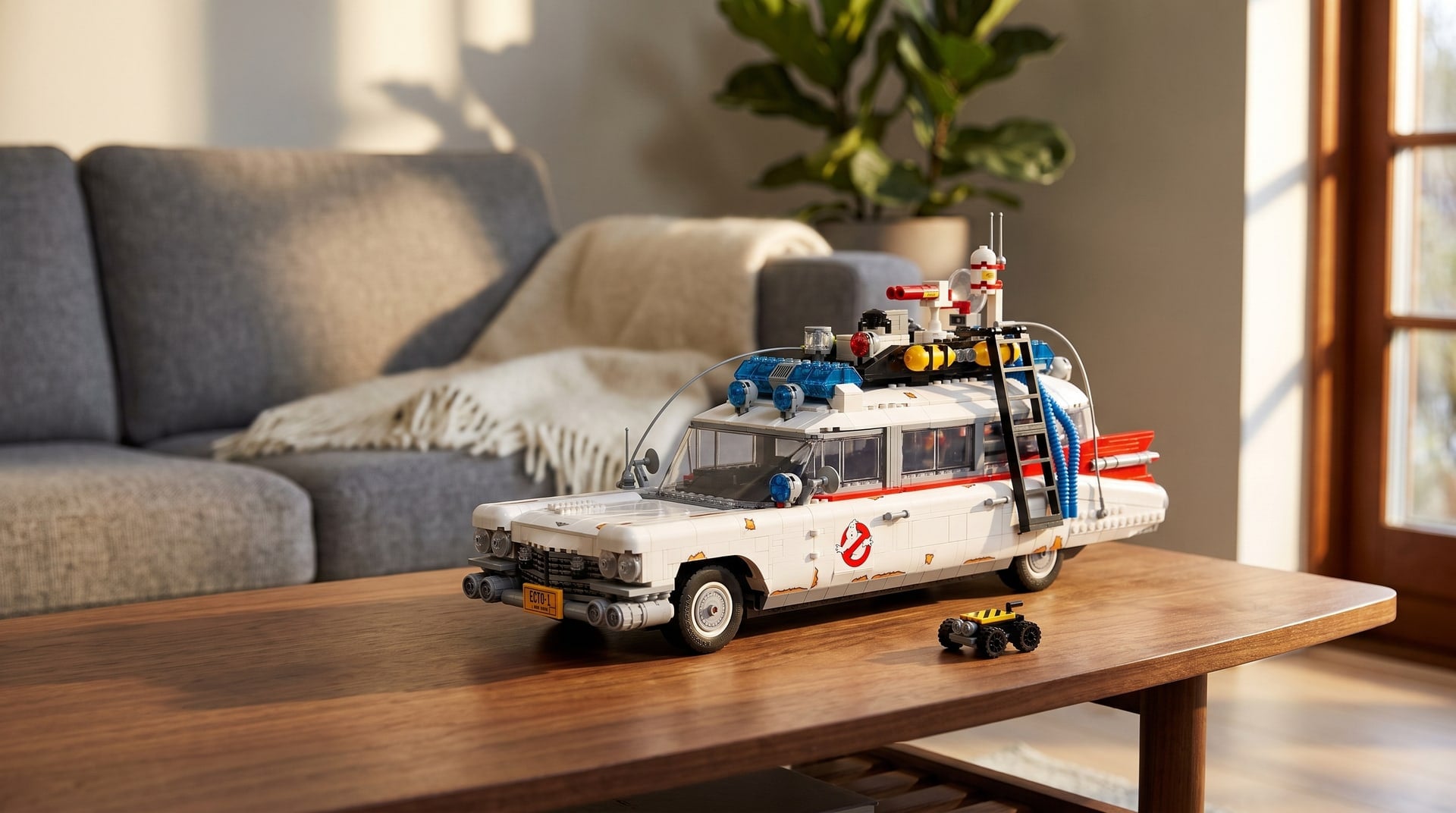 LEGO Creator Expert Ghostbusters ECTO-1 (10274) on a coffee table in a living room