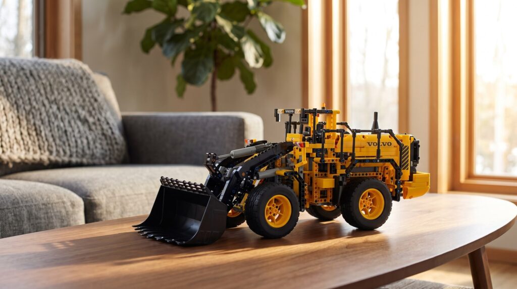 LEGO Technic Remote Controlled Volvo L350F Wheel Loader (42030) on a coffee table in a living room