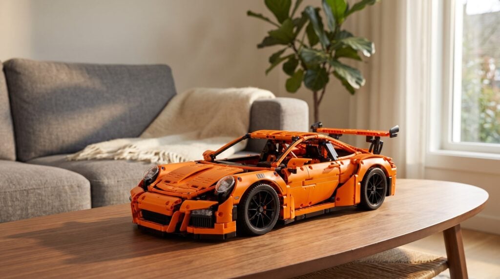 LEGO Technic Porsche 911 GT3 RS (42056) on a coffee table in a living room