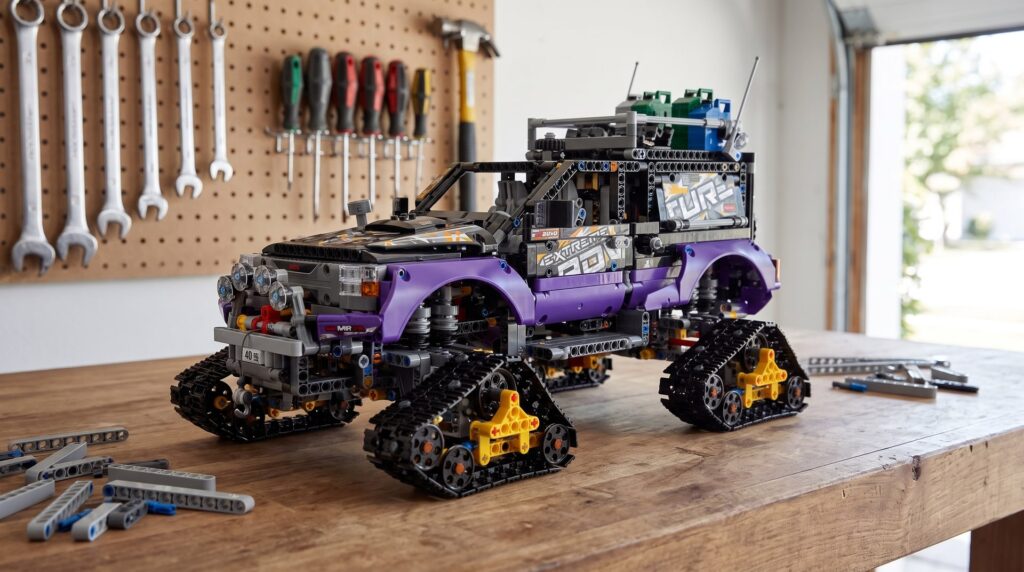 LEGO Technic Extreme Adventure (42069) on a workbench in a home garage