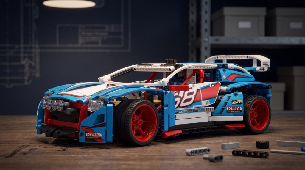 LEGO Technic Rally Car (42077) on a workbench in a home workshop