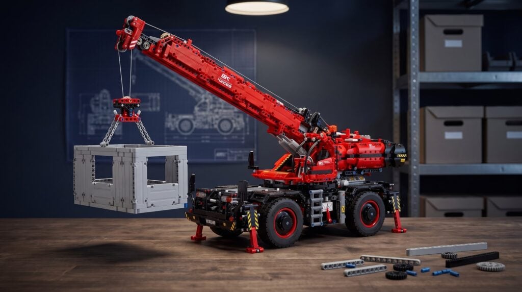 LEGO Technic Rough Terrain Crane (42082) on a workbench in a home workshop