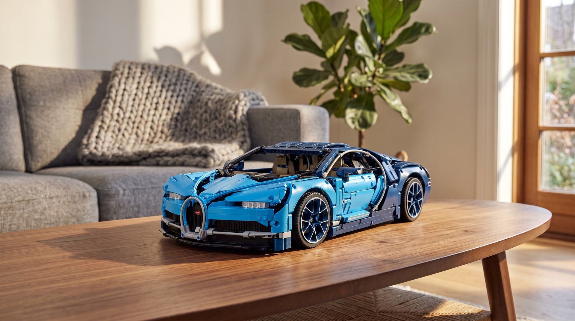 LEGO Technic Bugatti Chiron (42083) on a coffee table in a living room