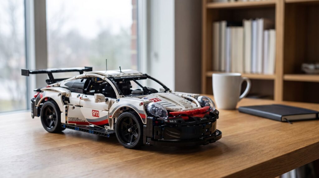 LEGO Technic Porsche 911 RSR (42096) on a desk in a home study