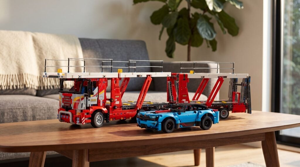LEGO Technic Car Transporter (42098) on a coffee table in a living room