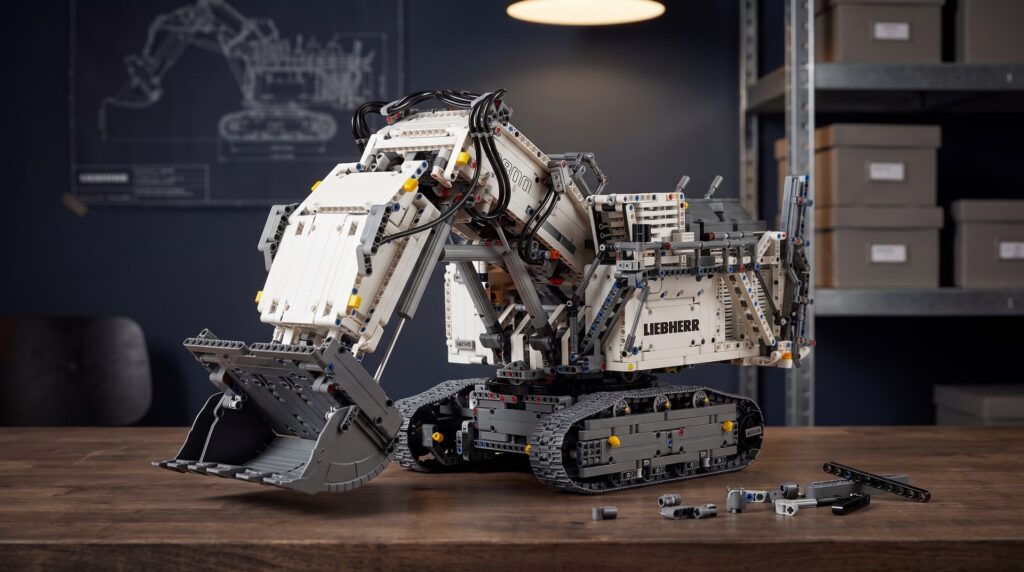 LEGO Technic Liebherr R 9800 (42100) on a workbench in a home workshop