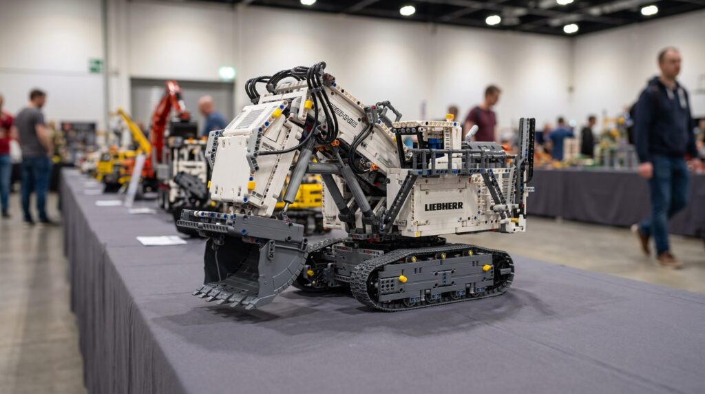 LEGO Technic Liebherr R 9800 (42100) on a display table at a LEGO fan show