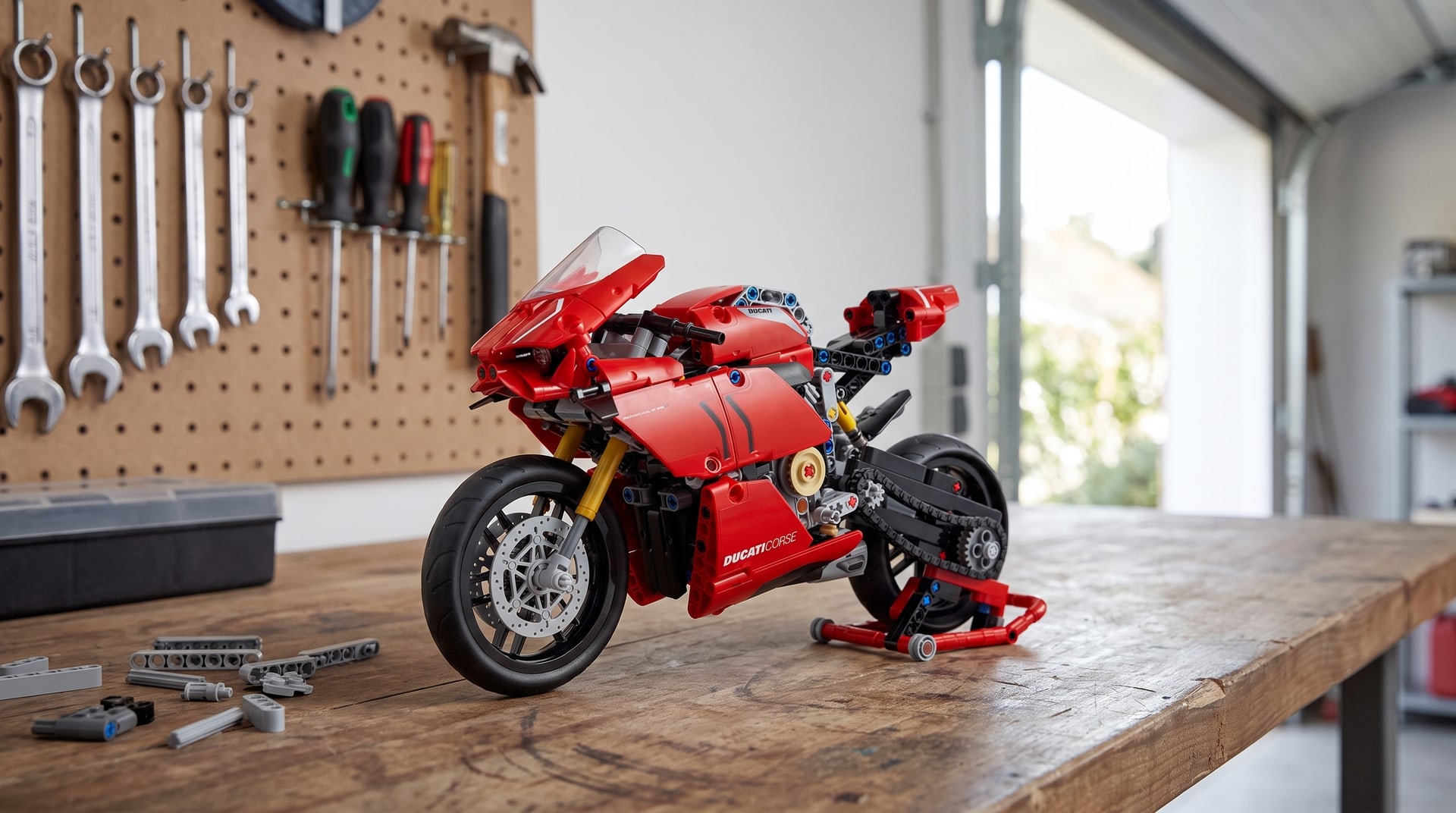LEGO Technic Ducati Panigale V4 R (42107) on a workbench in a home garage