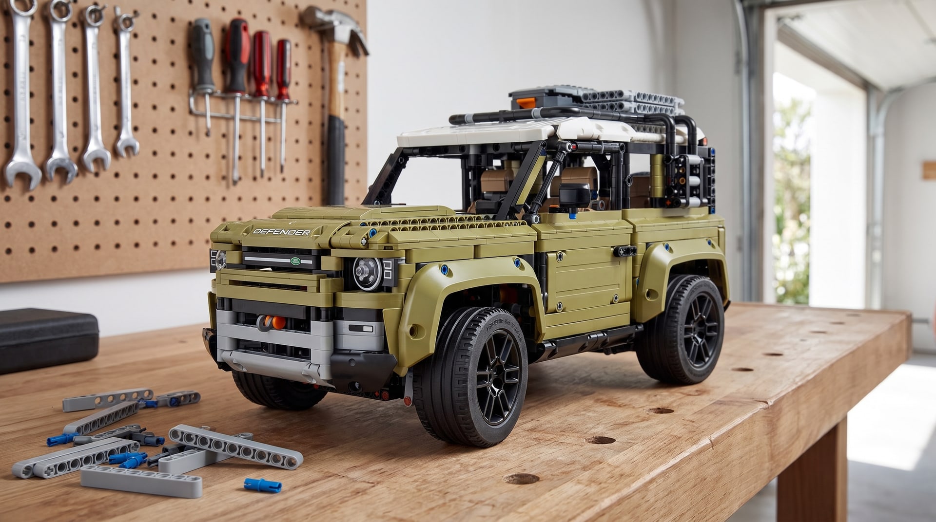 LEGO Technic Land Rover Defender (42110) on a workbench in a home garage