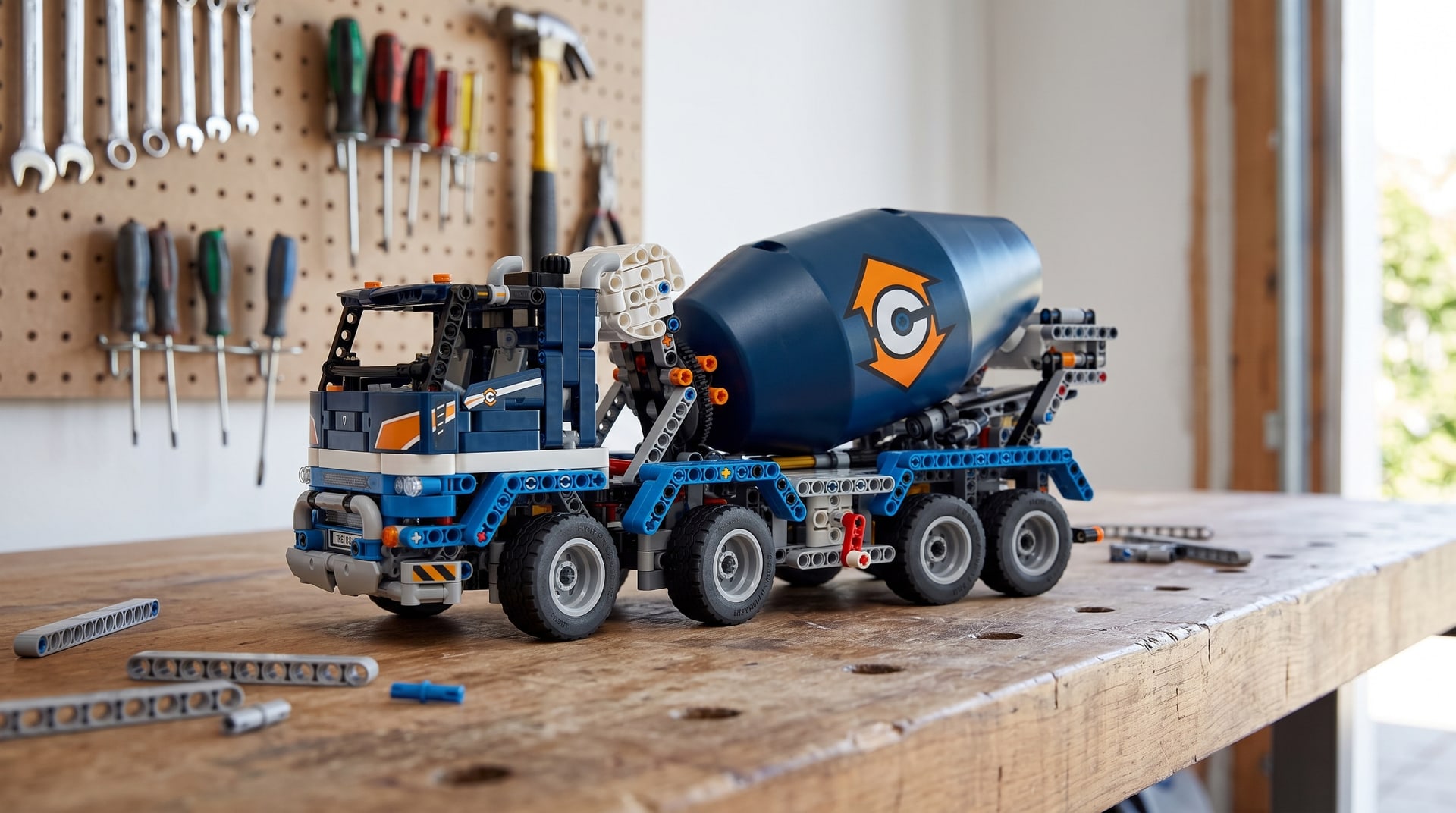 LEGO Technic Cement Mixer Truck (42112) on a workbench in a home garage