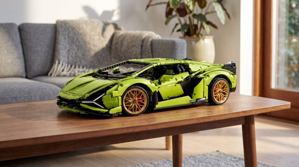 LEGO Technic Lamborghini Sian FKP 37 (42115) on a coffee table in a living room
