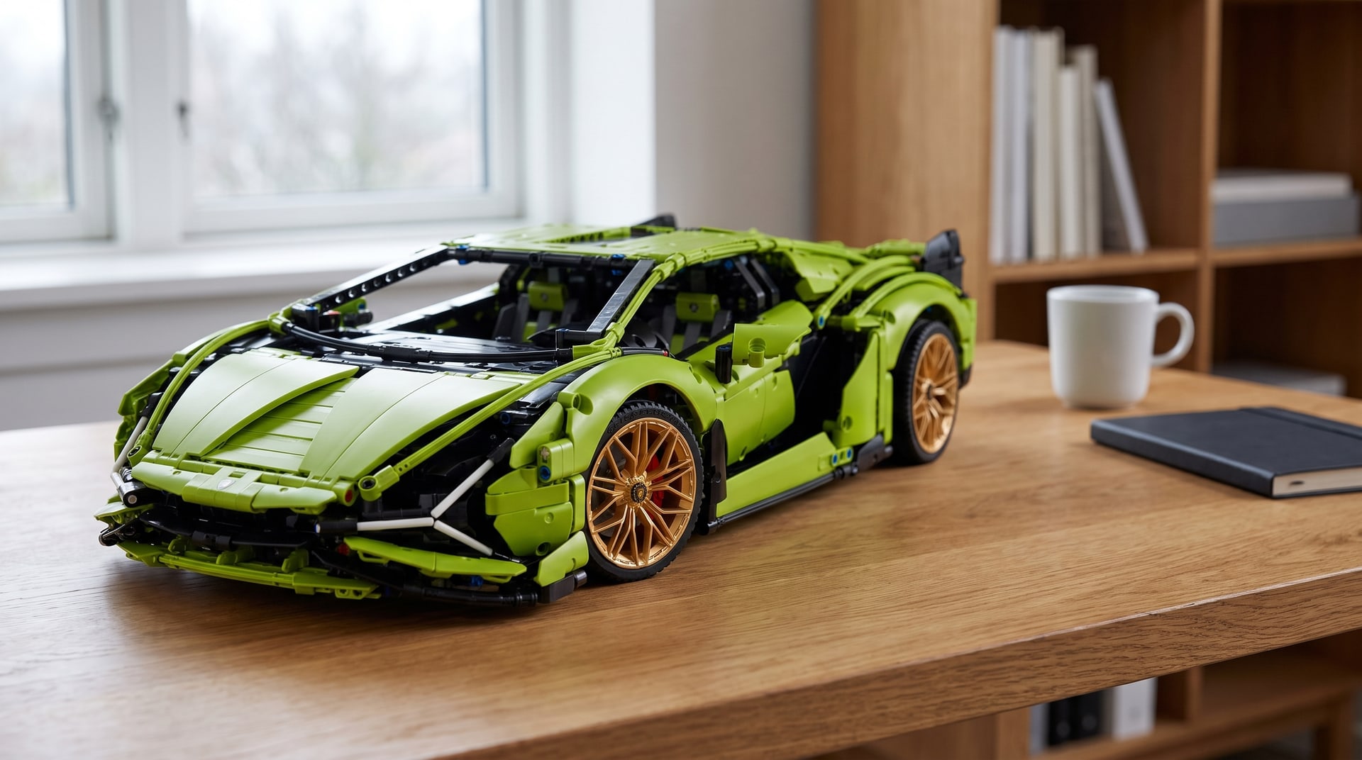 LEGO Technic Lamborghini Sian FKP 37 (42115) on a desk in a home study