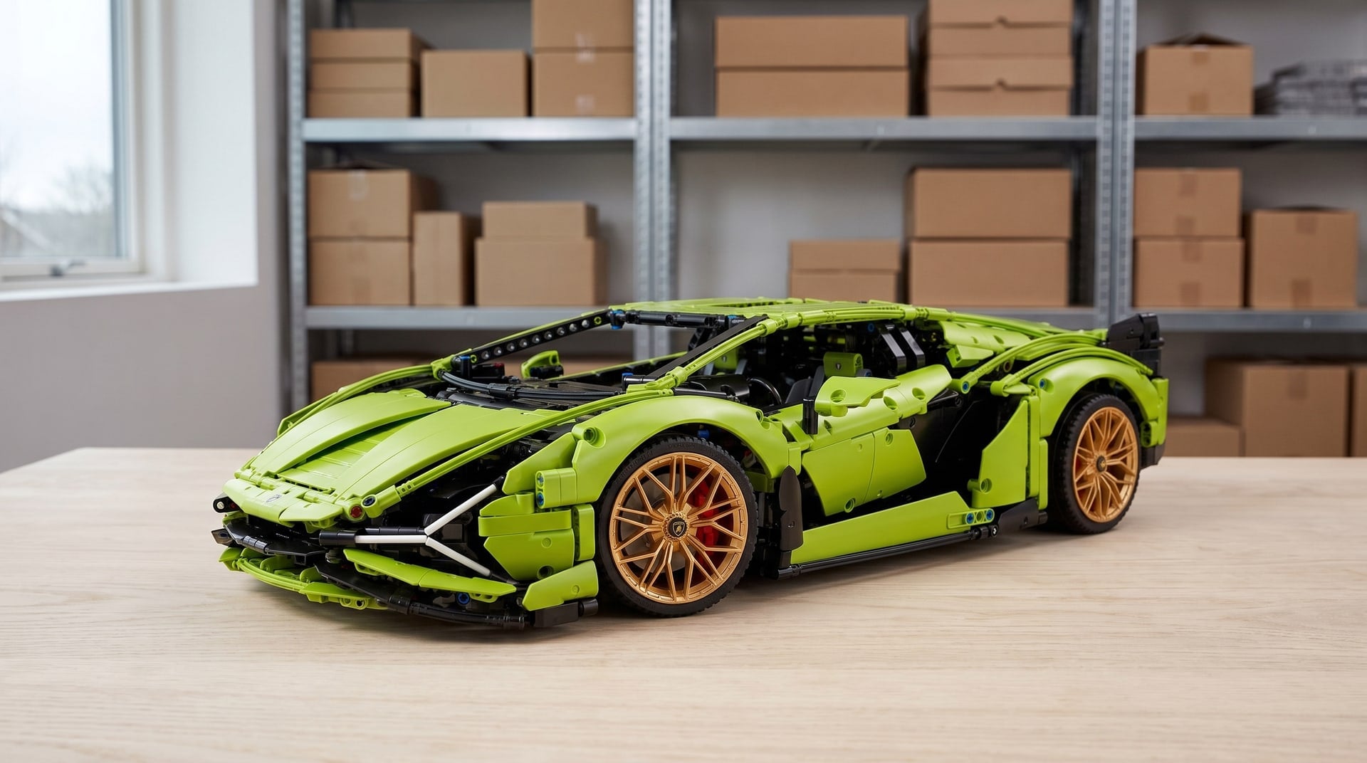 LEGO Technic Lamborghini Sián FKP 37 (42115) on a table in front of shelves of boxed kits