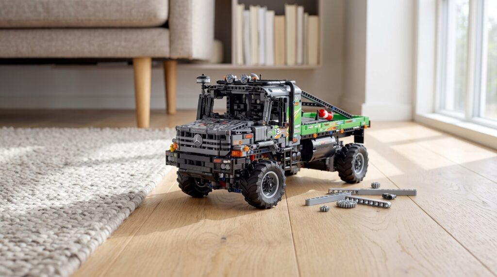LEGO Technic 4x4 Mercedes-Benz Zetros Trial Truck (42129) on a living room floor