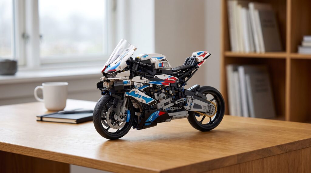 LEGO Technic BMW M 1000 RR (42130) on a desk in a home study