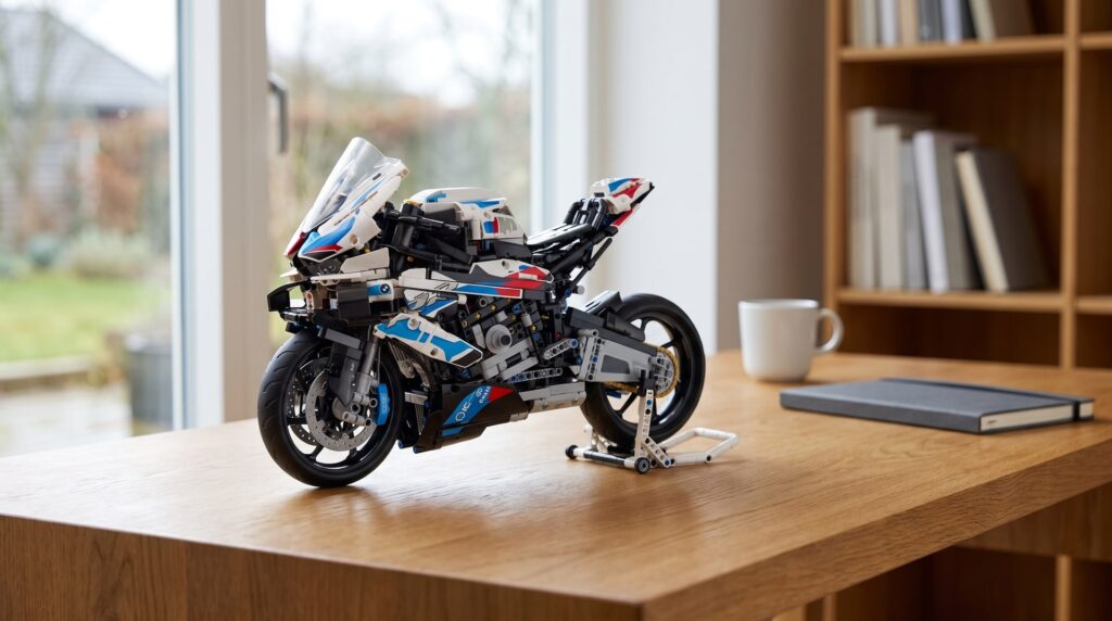 LEGO Technic BMW M 1000 RR (42130) on its paddock stand on a home office desk