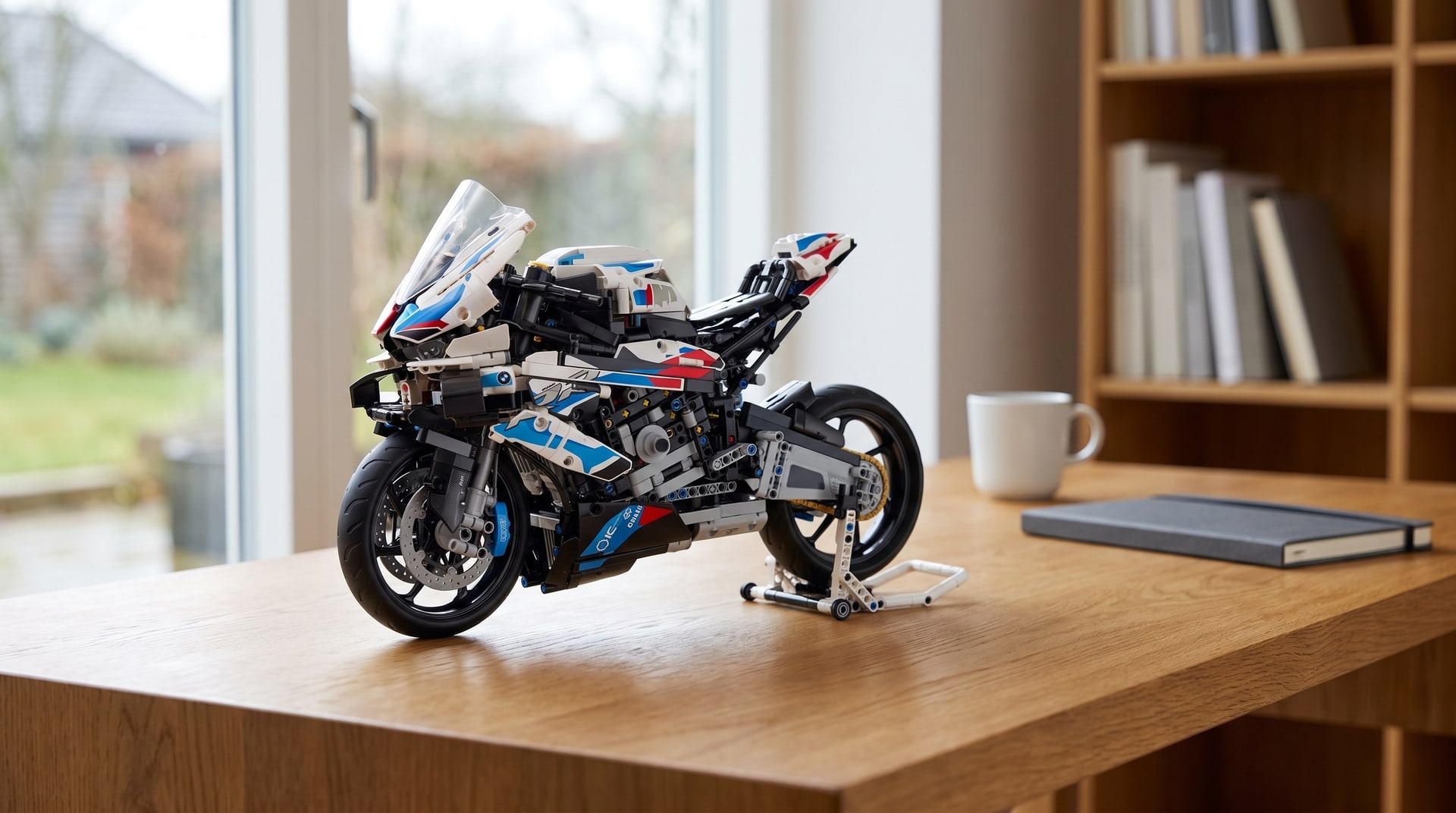 LEGO Technic BMW M 1000 RR (42130) on its paddock stand on a home office desk