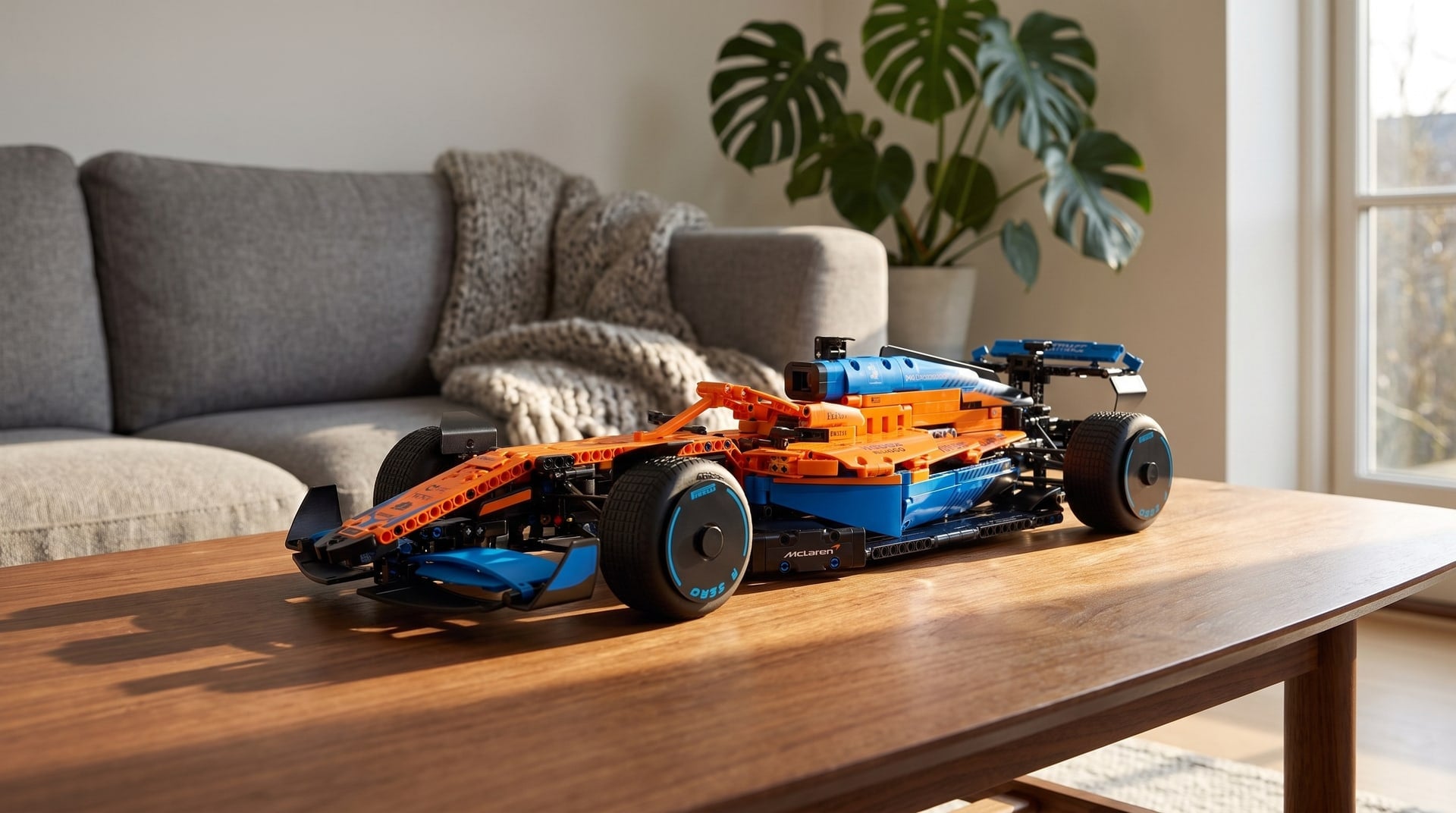 LEGO Technic McLaren Formula 1 Race Car (42141) on a coffee table in a living room