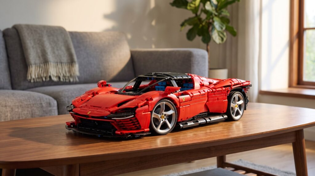 LEGO Technic Ferrari Daytona SP3 (42143) on a coffee table in a living room