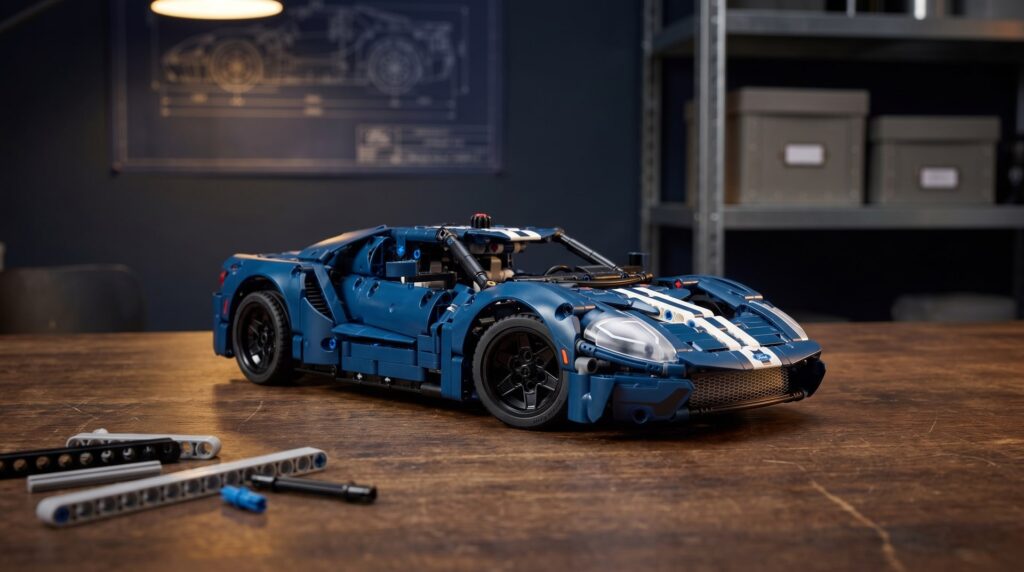 LEGO Technic 2022 Ford GT (42154) on a workbench in a home workshop