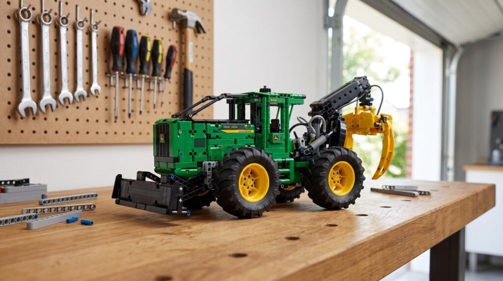 LEGO Technic John Deere 948L Skidder (42157) on a workbench in a home garage