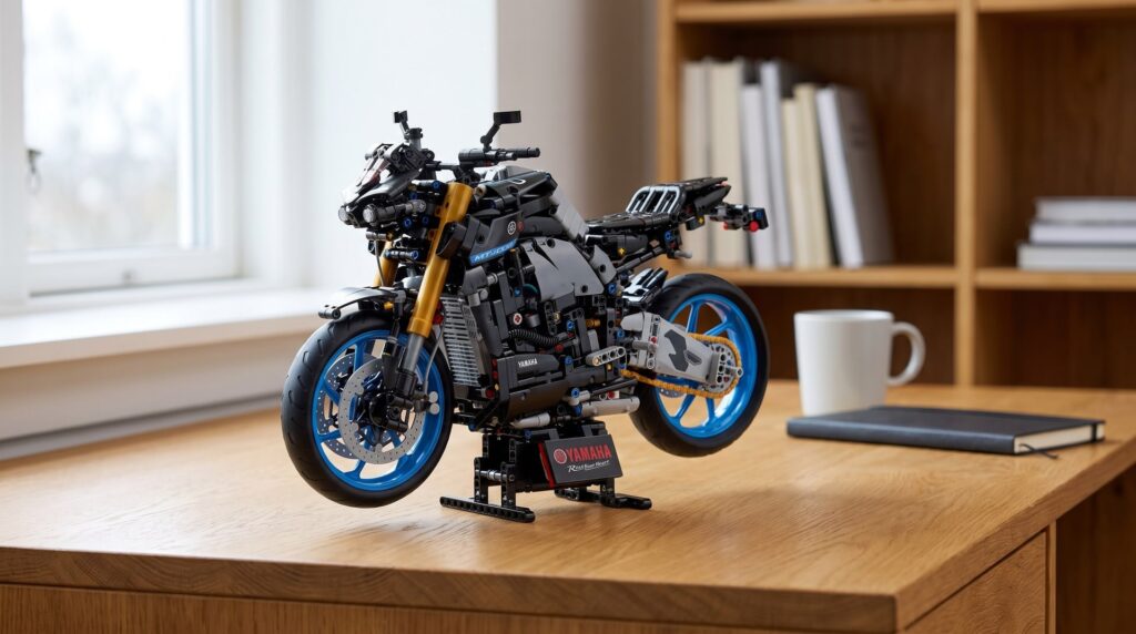 LEGO Technic Yamaha MT-10 SP (42159) on a desk in a home study