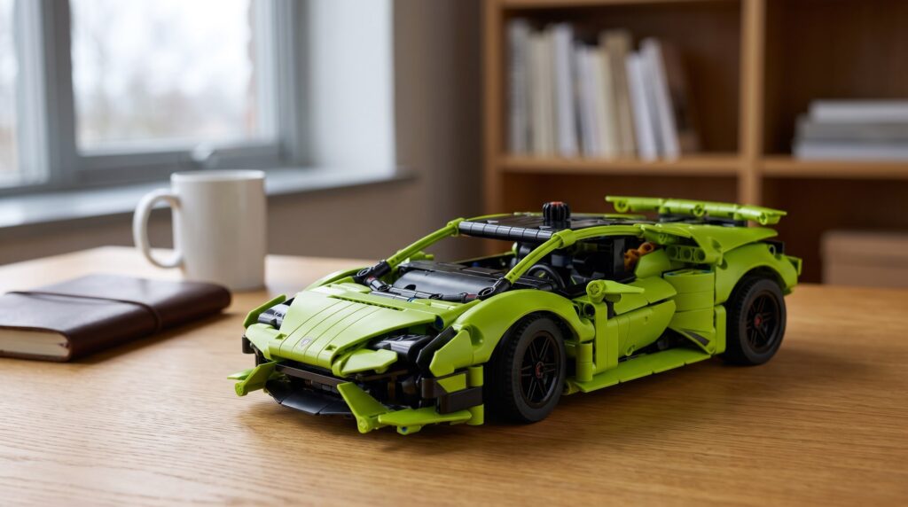 LEGO Technic Lamborghini Huracán Tecnica (42161) on a desk in a home study