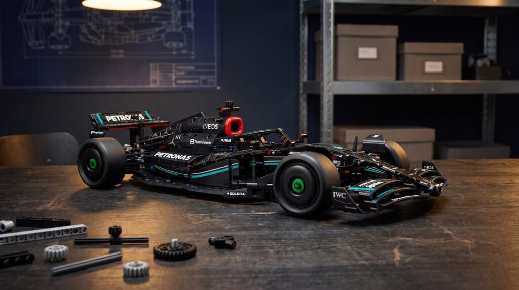 LEGO Technic Mercedes-AMG F1 W14 E Performance (42171) on a workbench in a home workshop