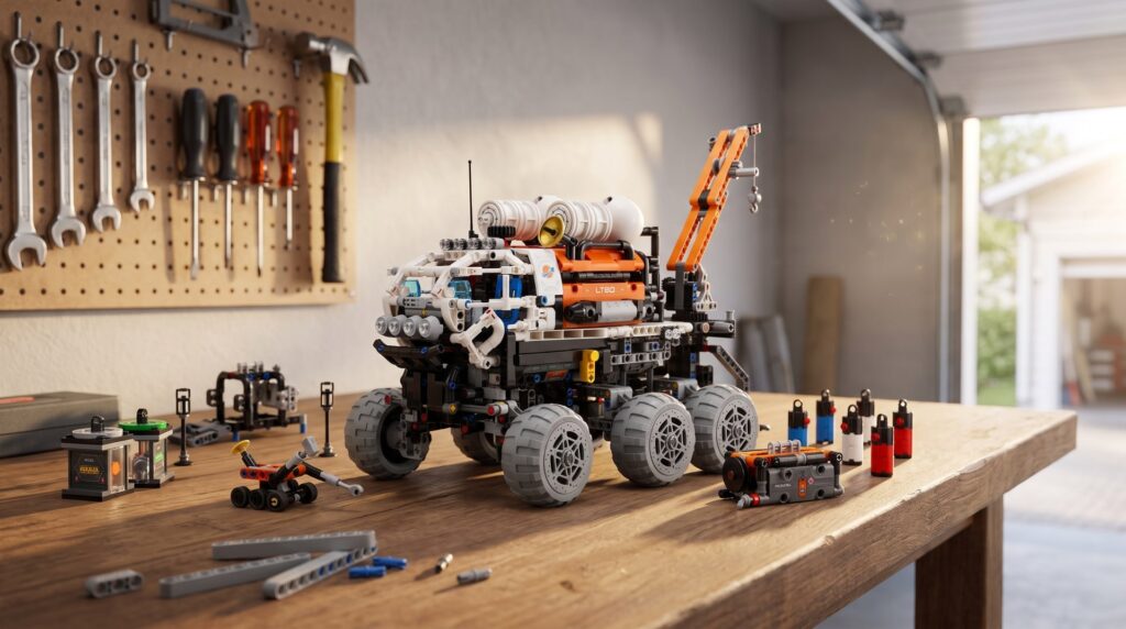LEGO Technic Mars Crew Exploration Rover (42180) on a workbench in a home garage
