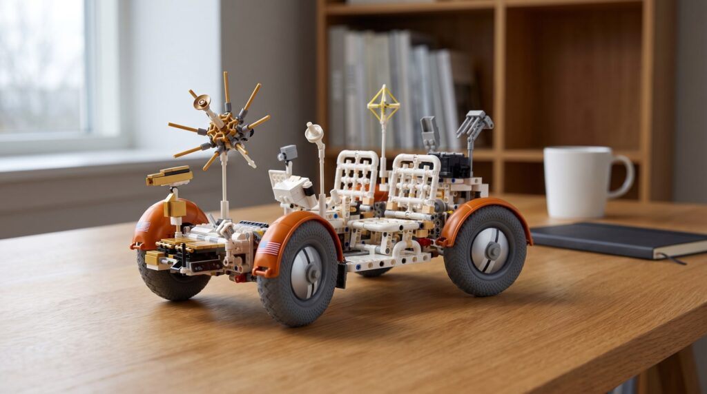 LEGO Technic NASA Apollo Lunar Roving Vehicle LRV (42182) on a desk in a home study