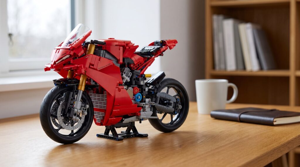LEGO Technic Ducati Panigale V4 S (42202) on a desk in a home study