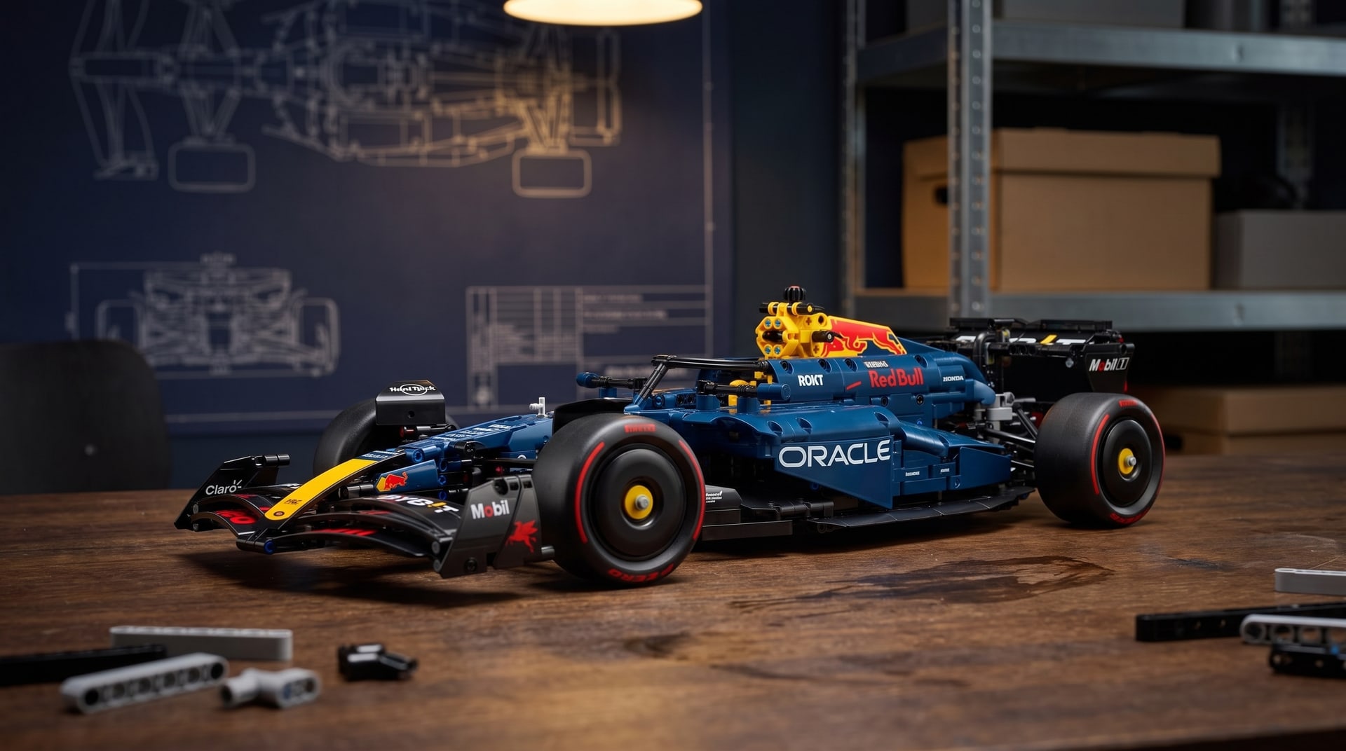 LEGO Technic Oracle Red Bull Racing RB20 F1 Car (42206) on a workbench in a home workshop