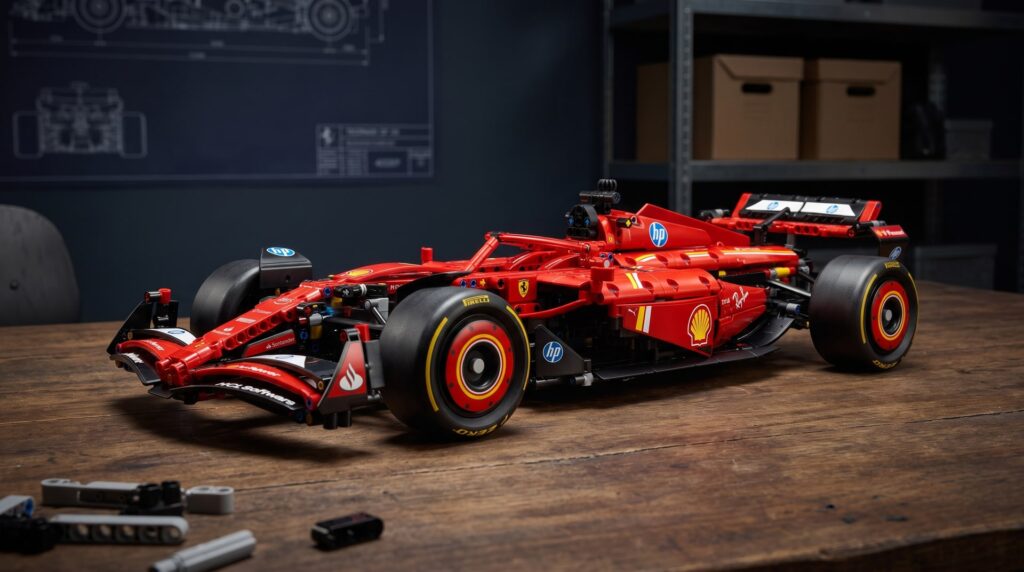 LEGO Technic Ferrari SF-24 F1 car (42207) built and on display on a workbench