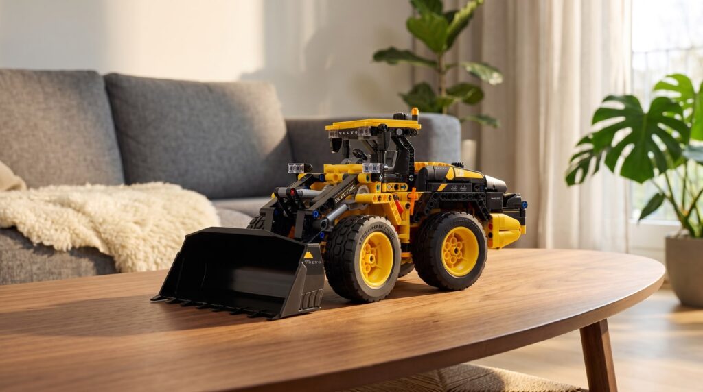 LEGO Technic Volvo L120 Electric Wheel Loader (42209) on a coffee table in a living room