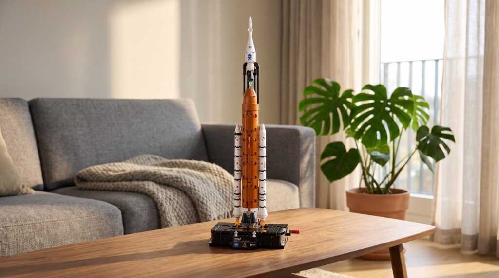 LEGO Technic NASA Artemis Space Launch System (42221) on a coffee table in a living room