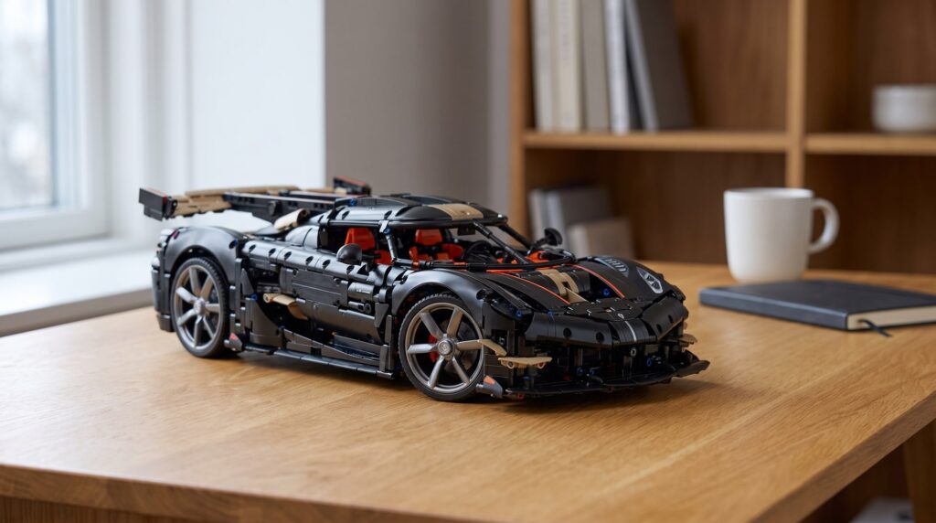 LEGO Technic Koenigsegg Sadair’s Spear (42232) on a desk in a home study