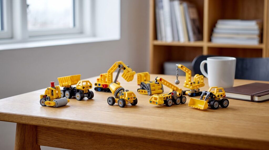 LEGO Technic Mighty Machines (42233), all eight models on a desk in a home study