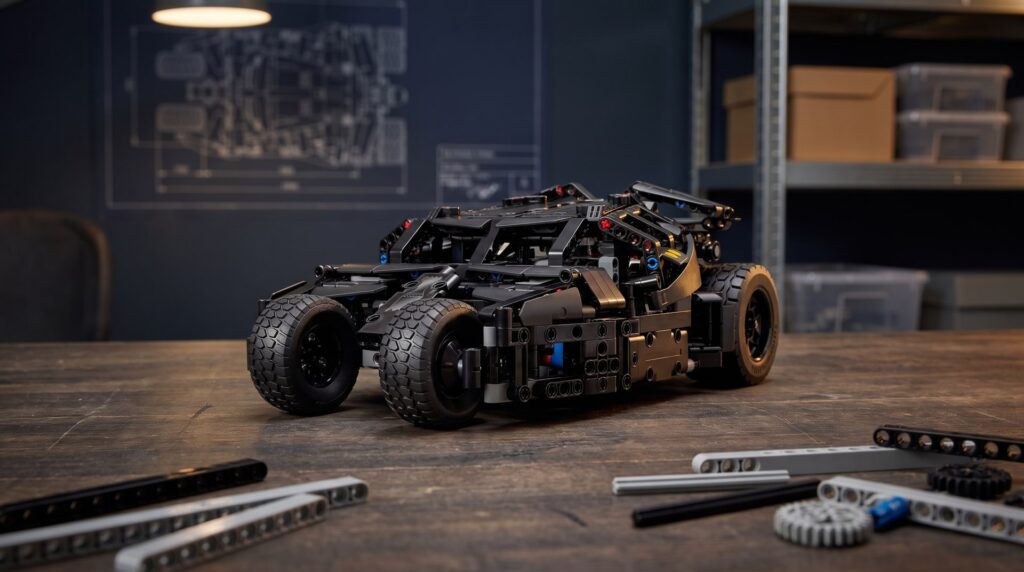 LEGO Technic Batmobile Tumbler (42239) on a workbench in a home workshop