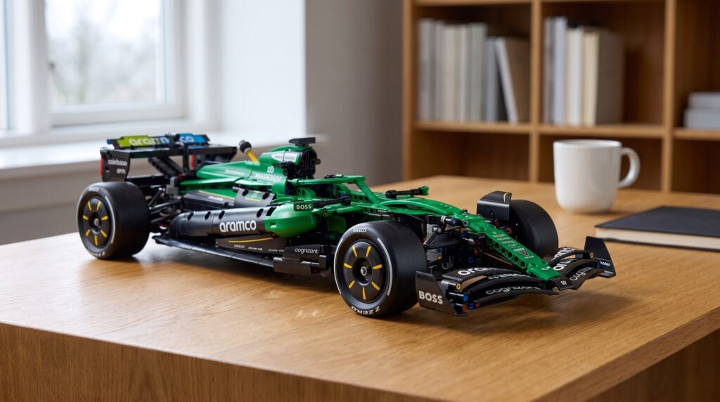 LEGO Technic Aston Martin AMR25 F1 Car (42240) on a desk in a home study