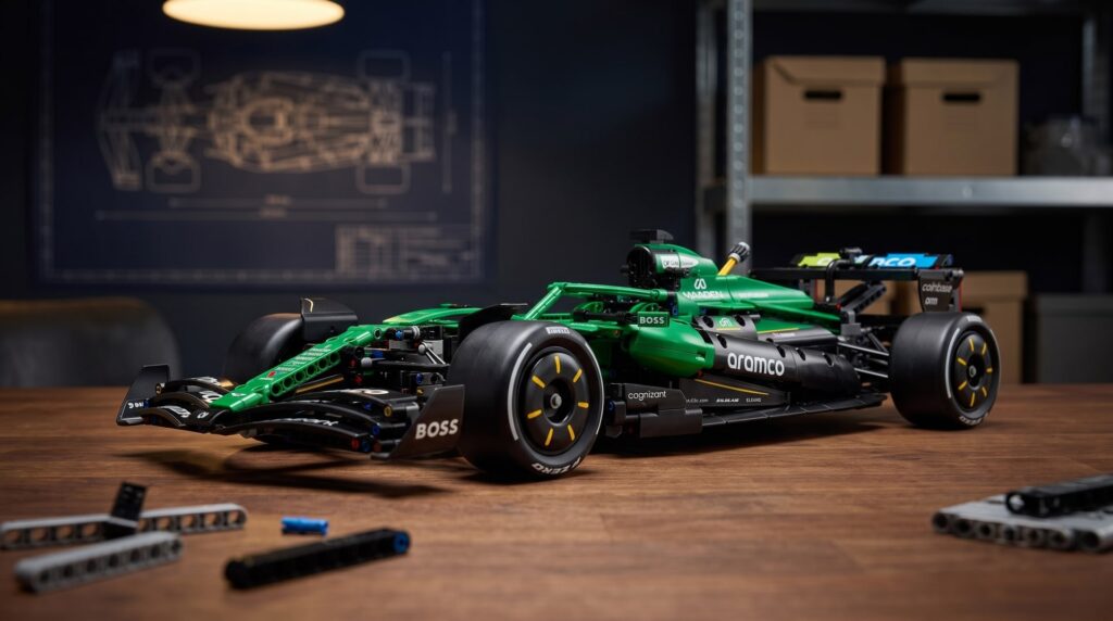 LEGO Technic Aston Martin AMR25 F1 Car (42240) on a workbench in a home workshop