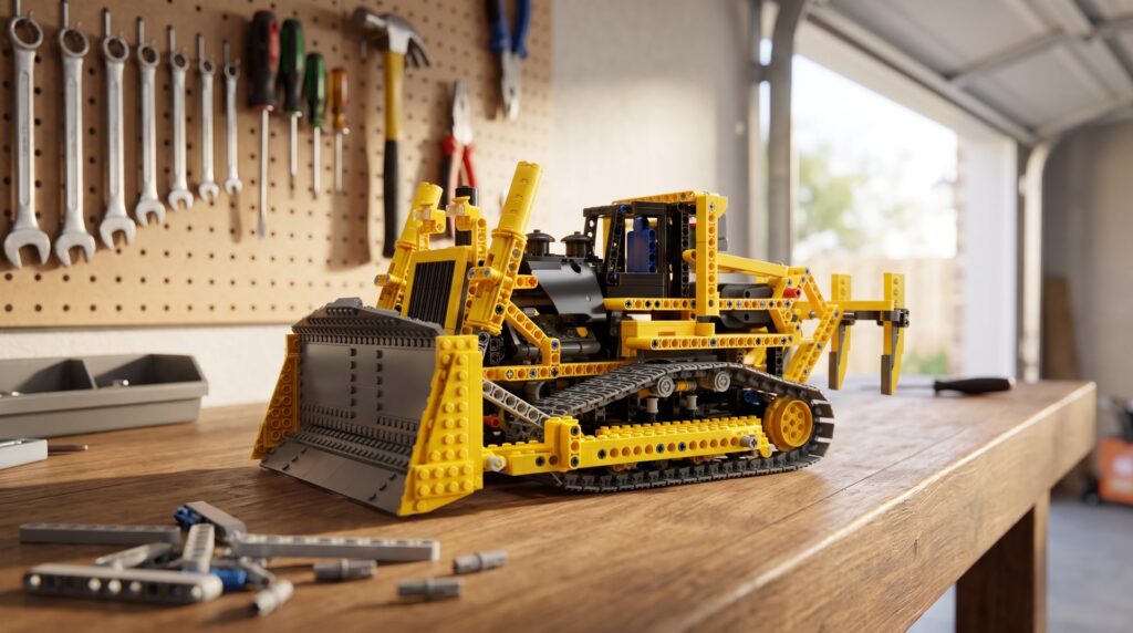 LEGO Technic Motorized Bulldozer (8275) on a workbench in a home garage