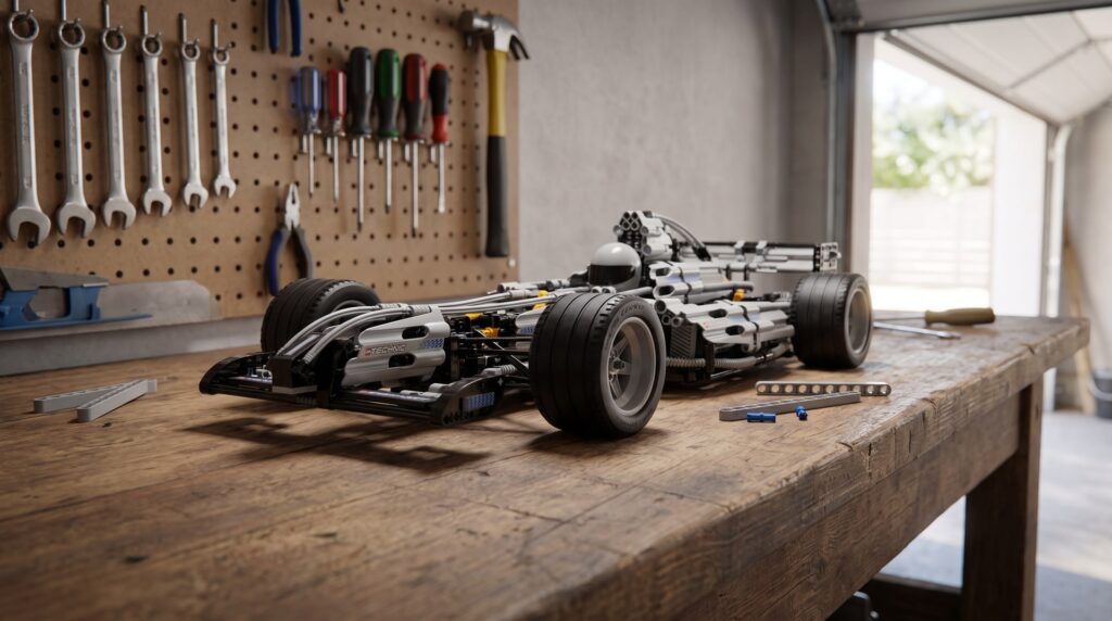 LEGO Technic Silver Champion (8458) on a workbench in a home garage