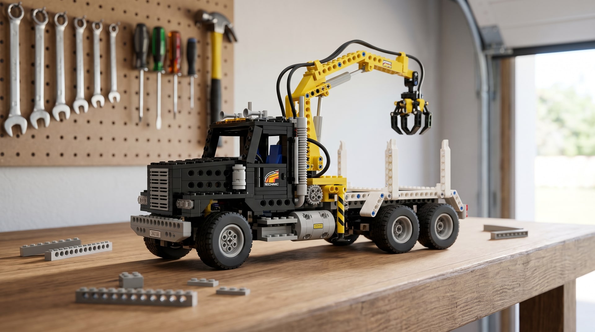 LEGO Technic Air Tech Claw Rig (8868) on a workbench in a home garage