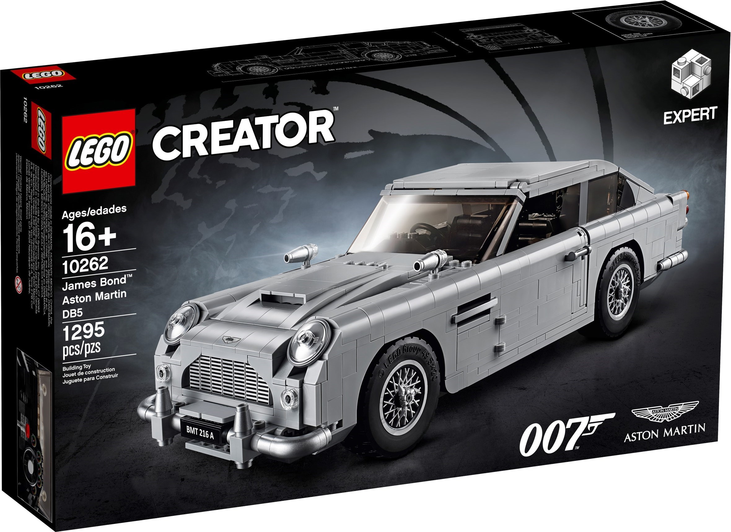 The box of LEGO James Bond Aston Martin DB5 (10262), dark background with gun barrel artwork, 007 and Aston Martin logos and the car in front three-quarter view