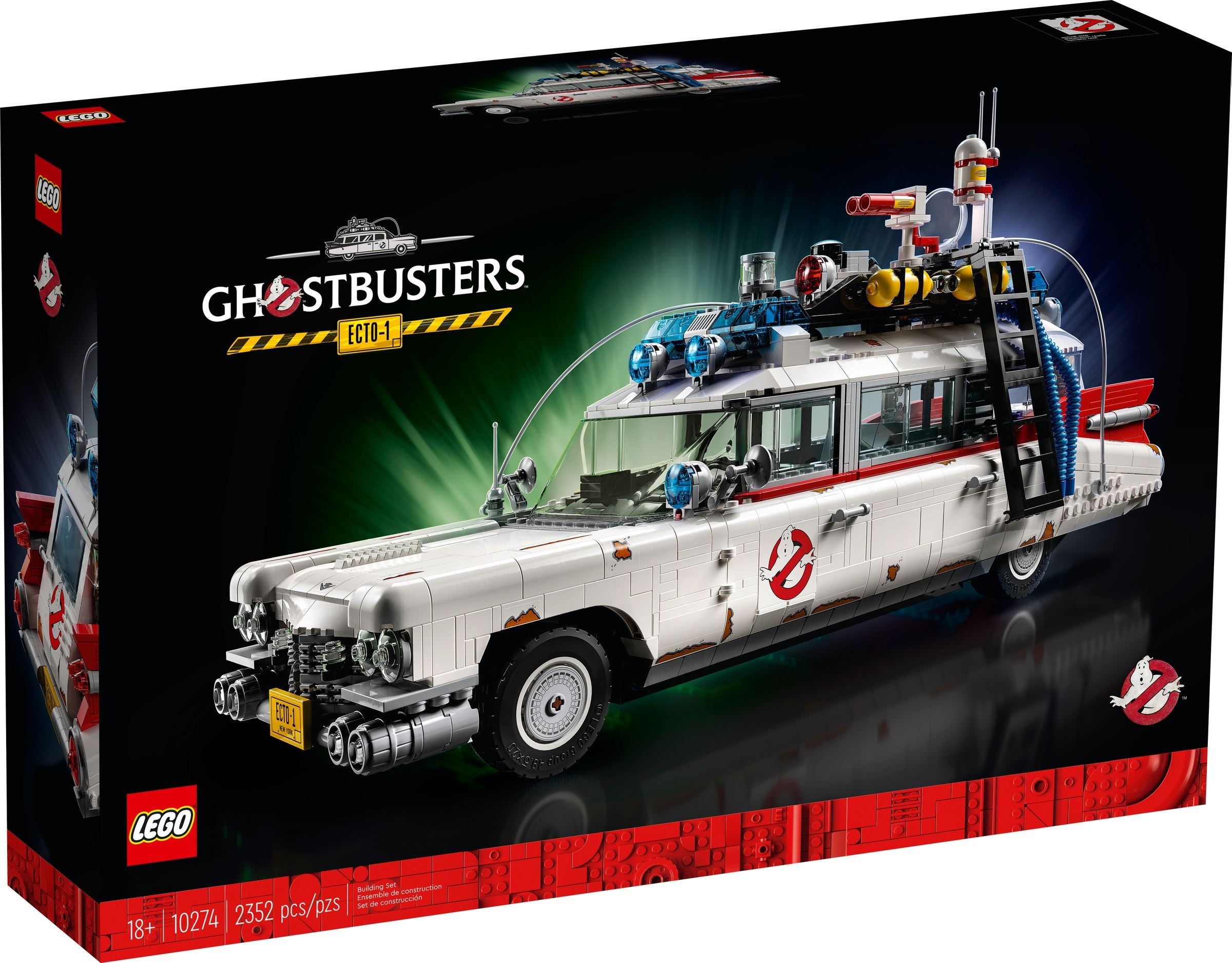 Box front of LEGO Ghostbusters ECTO-1 (10274): black 18+ packaging with the Ghostbusters logo, the car at three-quarter angle and a red brick strip along the bottom